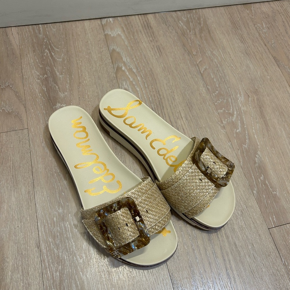 Sam Edelman Platform Slide Sandals • Raffia Bow • Natural/Beige • Women’s Size 7